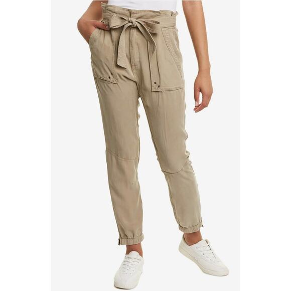 Pam & Gela Paperbag Pants Tan Neutral Tie Waist Small Zipper Ankle Jogger $255 - Picture 1 of 8